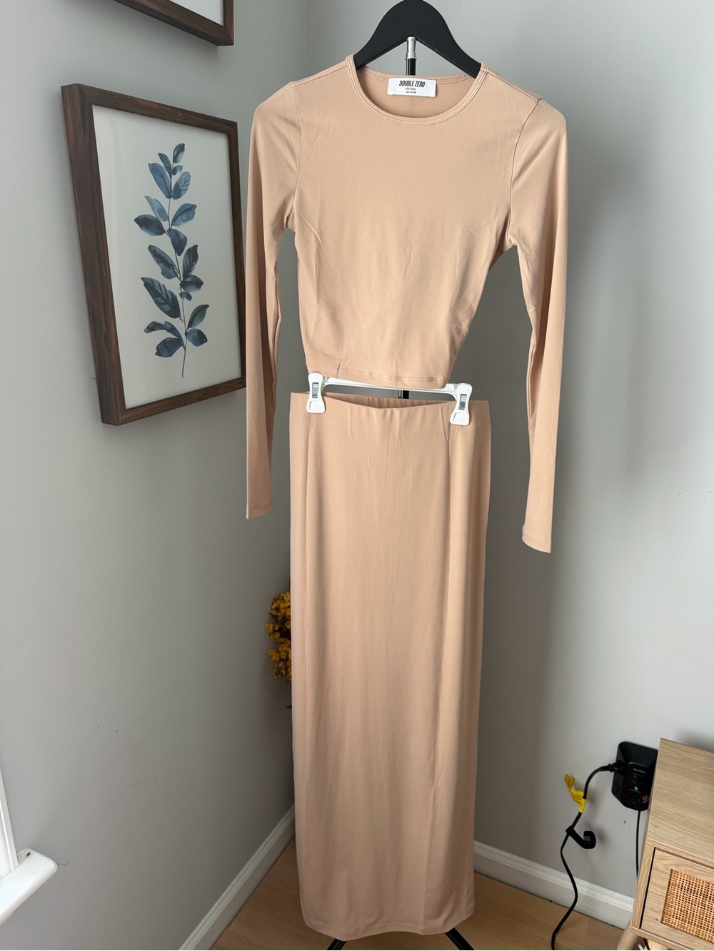 Double Zero Long Sleeve Maxi Skirt Set in Nude Beige